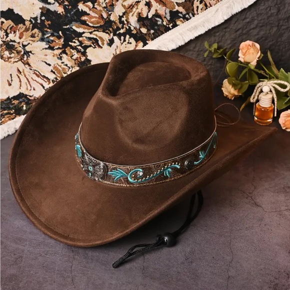Western Cowboy/Cowgirl Hat with Turquoise Blue Embellished Band - Picture 3 of 9